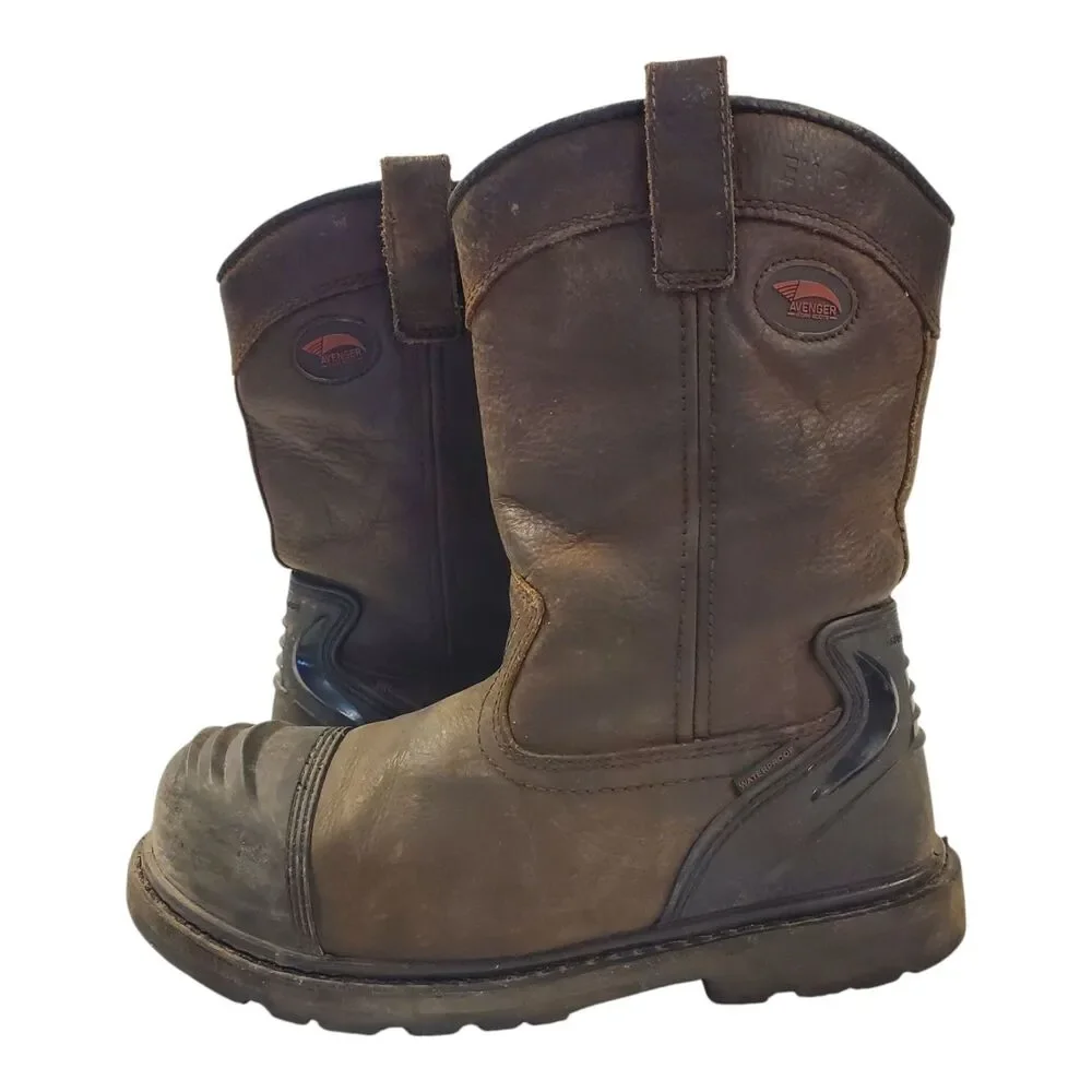 AVENGER Boots Mens Size 9.5M Brown Safety WATERPROOF Wellington Workwear A7876